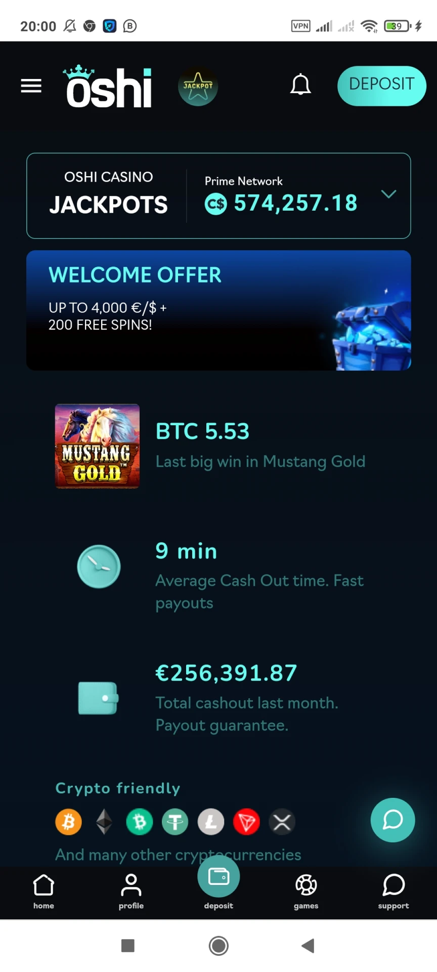 Visit the home page of the Oshi Casino app.