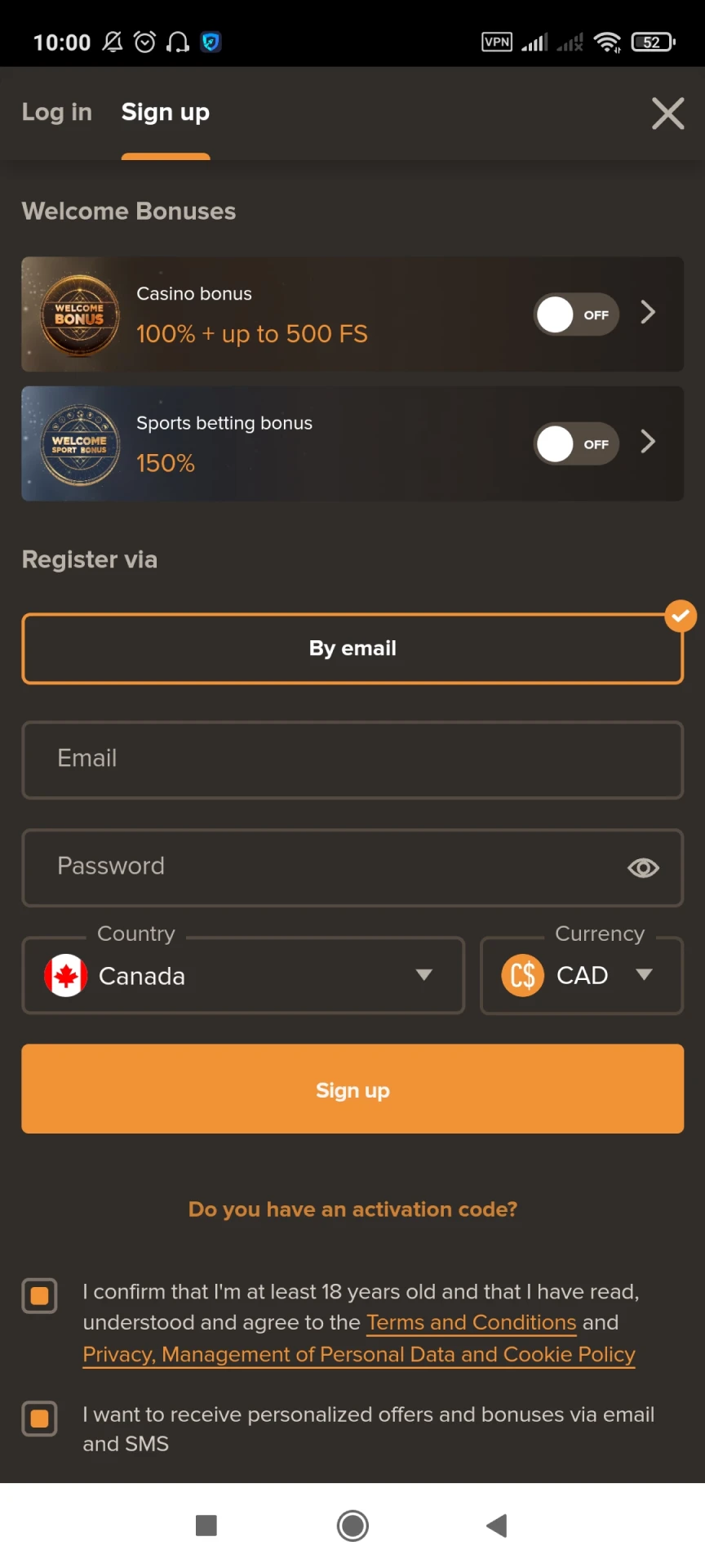 Visit the Sol Casino app registration page.