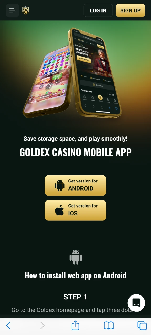 Find the apps section on the Goldex Casino website.