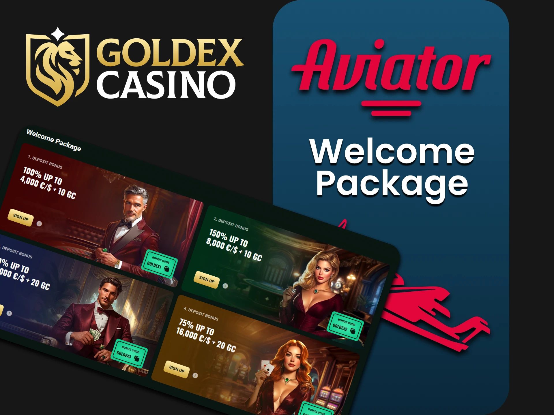 Goldex Casino offers a welcome package for playing Aviator.