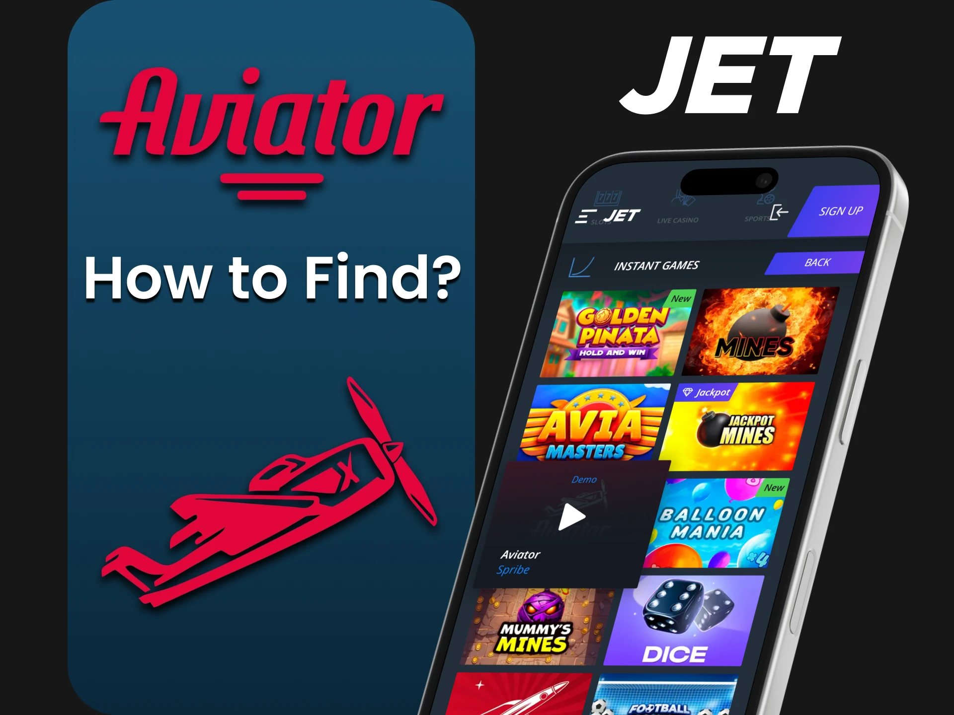 Open the Instant Games section at Jet Casino to find Aviator.