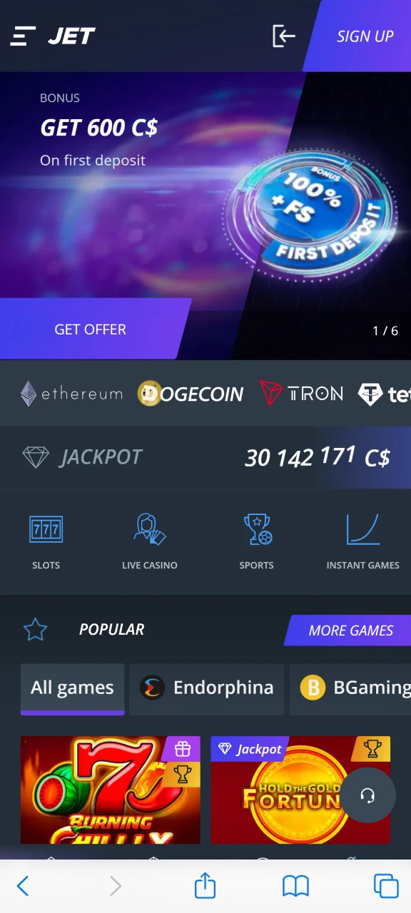 Open the Jet Casino website on your iOS device.