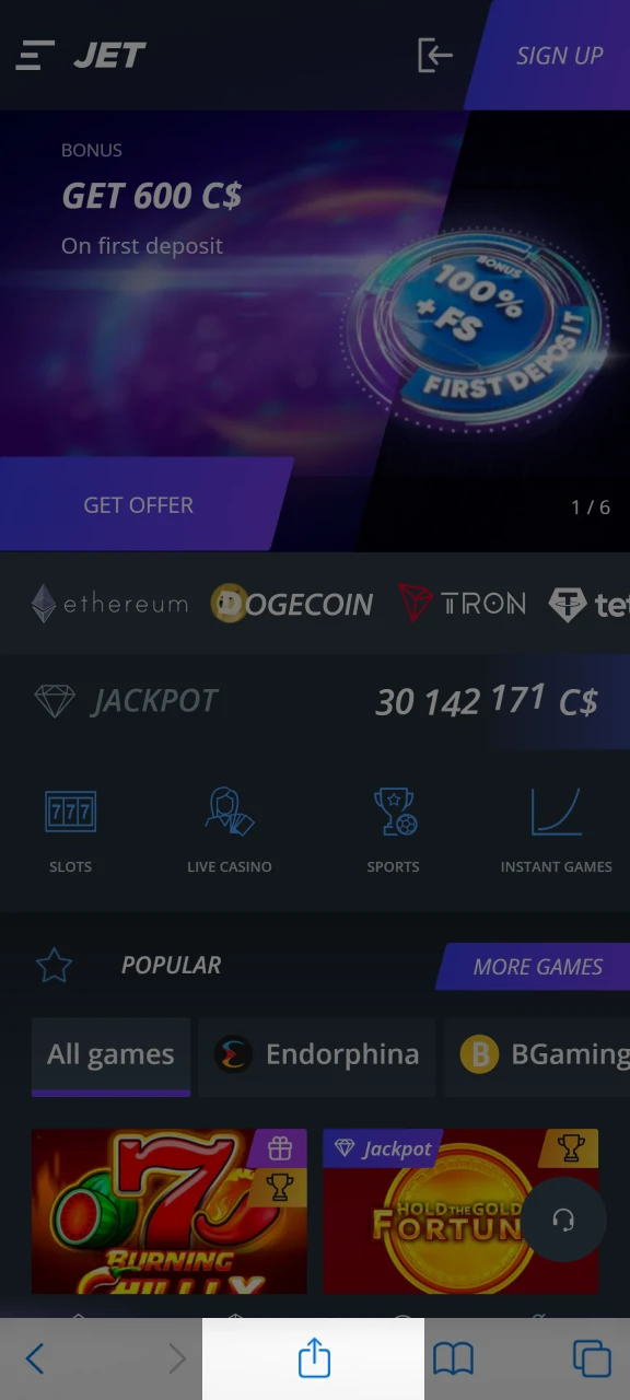 Click Share to open the menu and add the Jet Casino shortcut.